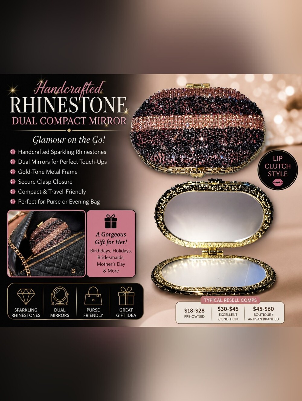 Handcrafted Rhinestone Dual Compact Mirror Gold Lip Clutch Pink Black Sparkle